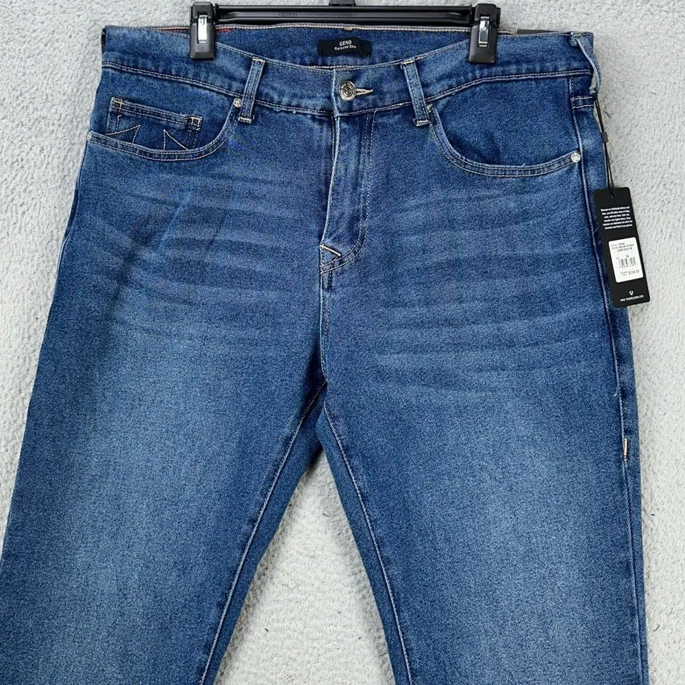 True Religion Geno Men Relaxed Slim Jeans 34 Blue 5 Pocket Distressed Casual NEW